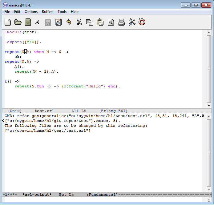 Emacs buffers after running the refactoring